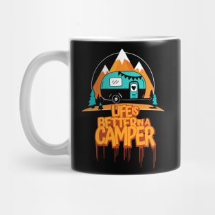 Life is better in a camper graphic with a mountain background and evening theme Mug